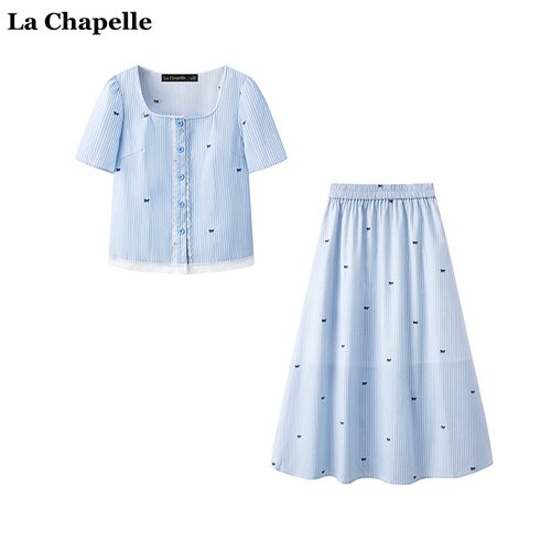 拉夏贝尔/La Chapelle夏季蝴蝶结印花短袖衬衫高腰半身裙女俩件套
