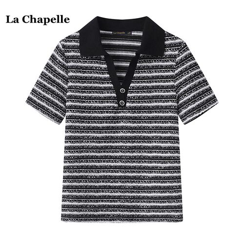 拉夏贝尔/La Chapelle条纹短袖T恤女夏季新款休闲简约V领polo上衣