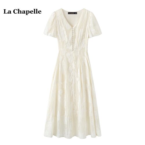拉夏贝尔/La Chapelle法式V领连衣裙女夏季新款高级感小众a字长裙