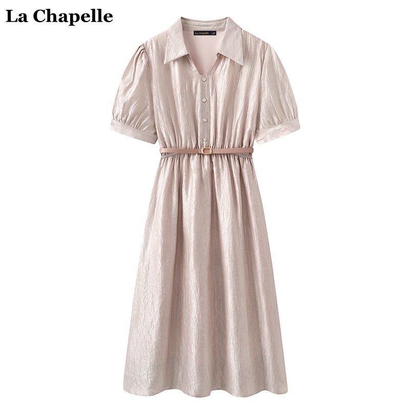 拉夏贝尔/La Chapelle翻领收腰短袖连衣裙女夏季新款高级感衬衫裙