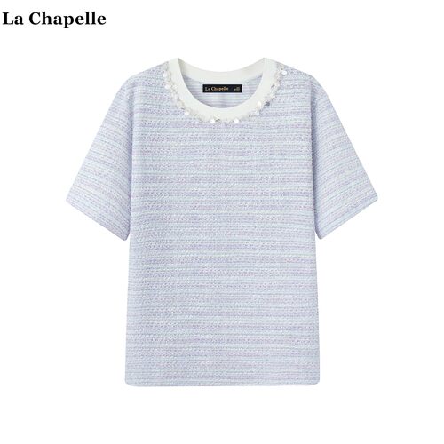 拉夏贝尔/La Chapelle肌理感亮片短袖T恤女夏季新款休闲宽松上衣