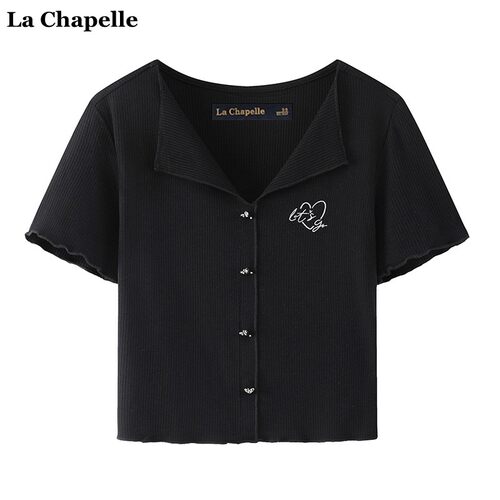 拉夏贝尔/La Chapelle短款V领百搭修身短袖T恤女黑色坑条针织上衣