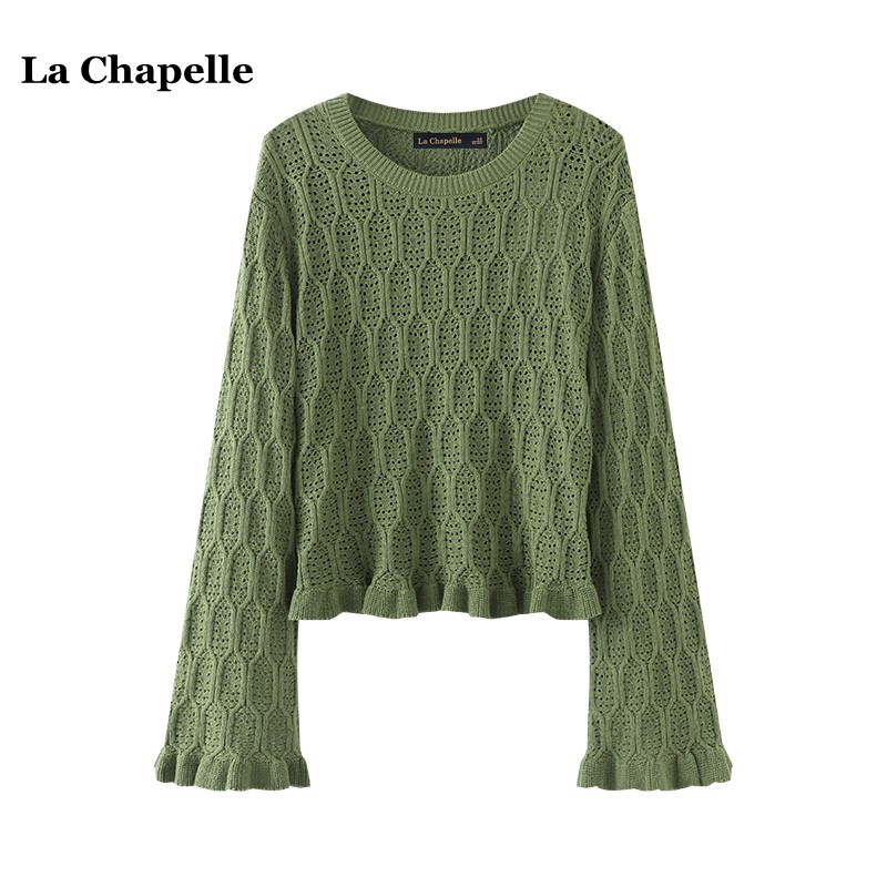 拉夏贝尔/La Chapelle喇叭袖镂空针织衫女秋季新款气质薄罩衫上衣