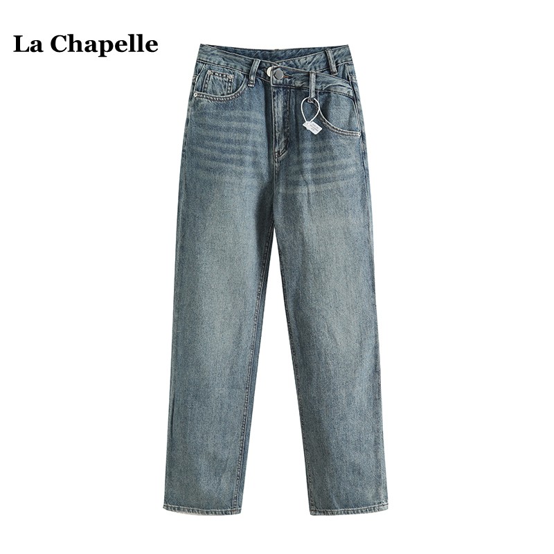 拉夏贝尔/La Chapelle不规则腰部牛仔裤女春秋新款小个子直筒长裤