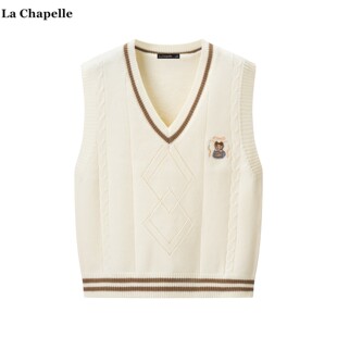 拉夏贝尔 Chapelle学院风卡通刺绣针织马甲背心女叠穿v领坎肩