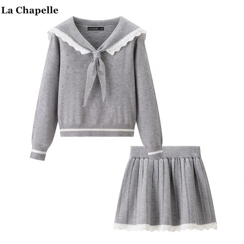 拉夏贝尔/La Chapelle秋季花边海军领针织衫百褶短裙miu系俩件套