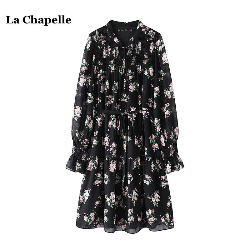 拉夏贝尔/La Chapelle玫瑰印花长袖连衣裙女春季新款轻熟雪纺长裙