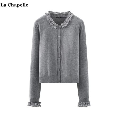 拉夏贝尔/La Chapelle假俩件木耳边针织衫女冬季气质甜美毛衣开衫