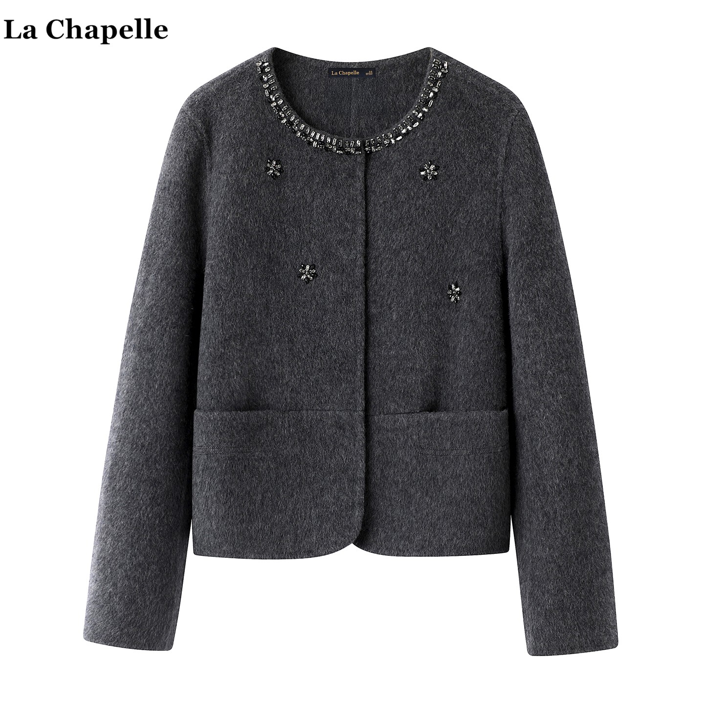 拉夏贝尔/La Chapelle小香风钉珠外套女秋冬新款气质宽松圆领上衣