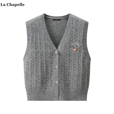 拉夏贝尔/La Chapelle韩系V领刺绣针织衫女秋冬新款叠穿马甲背心