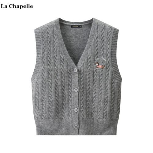 拉夏贝尔/La Chapelle韩系V领刺绣针织衫女秋冬新款叠穿马甲背心