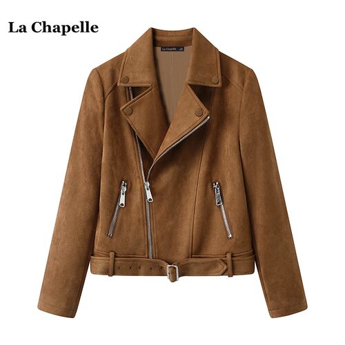 拉夏贝尔/La Chapelle秋冬复古美拉德麂皮绒短外套女机车夹克上衣