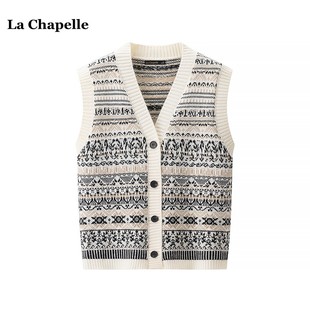 新款 拉夏贝尔 马甲女春季 Chapelle费尔岛提花针织开衫 叠穿坎肩