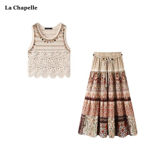 拉夏贝尔/La Chapelle夏季波西米亚镂空钩花背心印花半身裙套装女