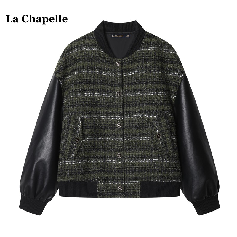 拉夏贝尔/La Chapelle秋季宽松百搭小香风外套皮袖拼接夹克上衣女