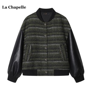 拉夏贝尔/La Chapelle秋季宽松百搭小香风外套皮袖拼接夹克上衣女