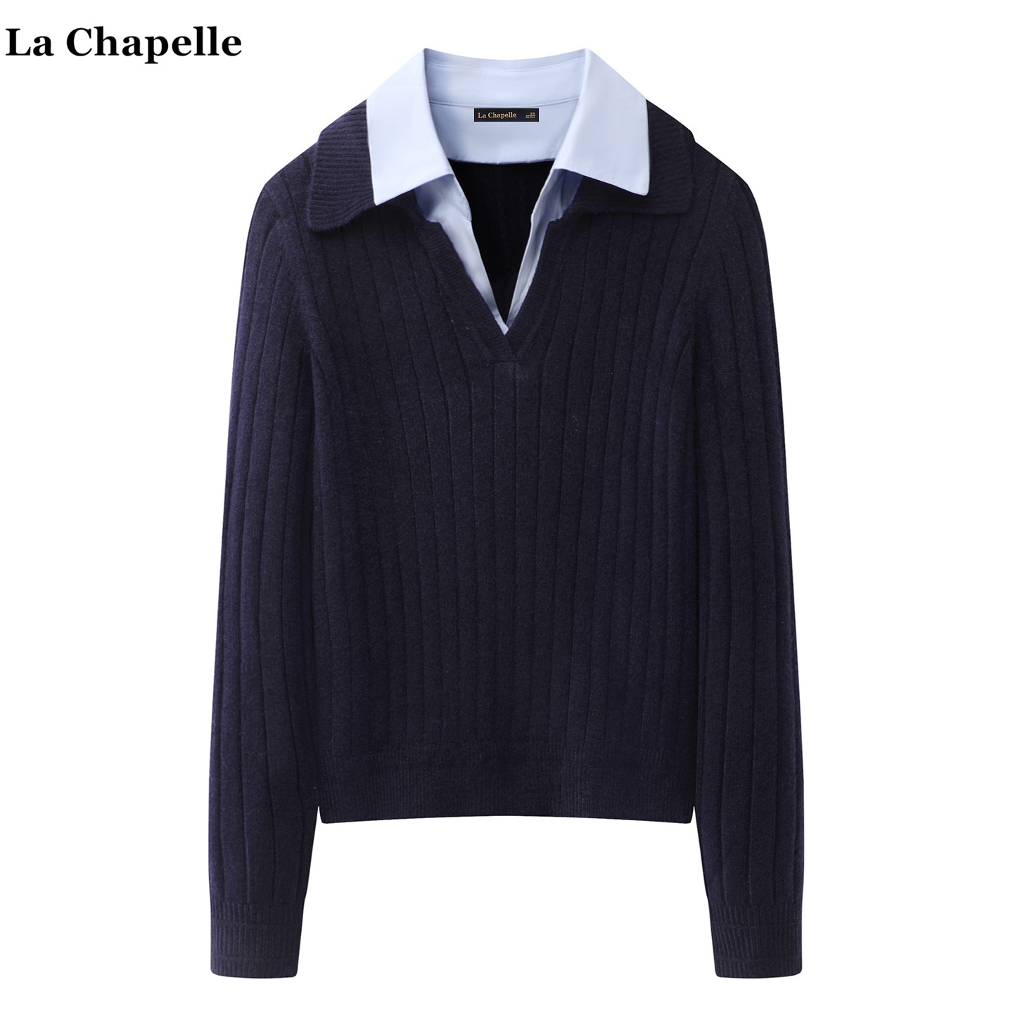 拉夏贝尔/La Chapelle衬衫领拼接长袖针织衫女秋冬新款假俩件毛衣