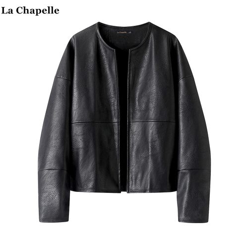 拉夏贝尔/La Chapelle韩系小个子皮衣外套女秋季新款圆领宽松夹克