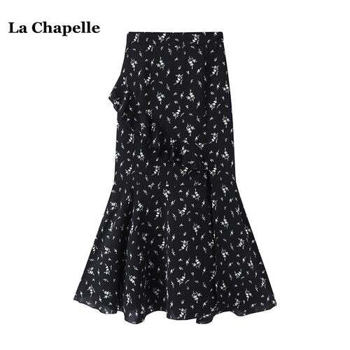 拉夏贝尔/La Chapelle印花荷叶边半身裙女夏季新款碎花开叉鱼尾裙