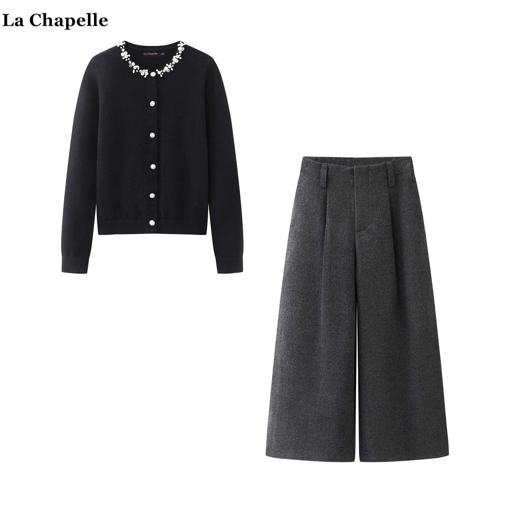 拉夏贝尔/La Chapelle小香风钉珠针织开衫高腰毛呢阔腿裤俩件套女,女装/女士精品,时尚套装,淘宝优惠券,粉丝福利购,淘宝优惠卷