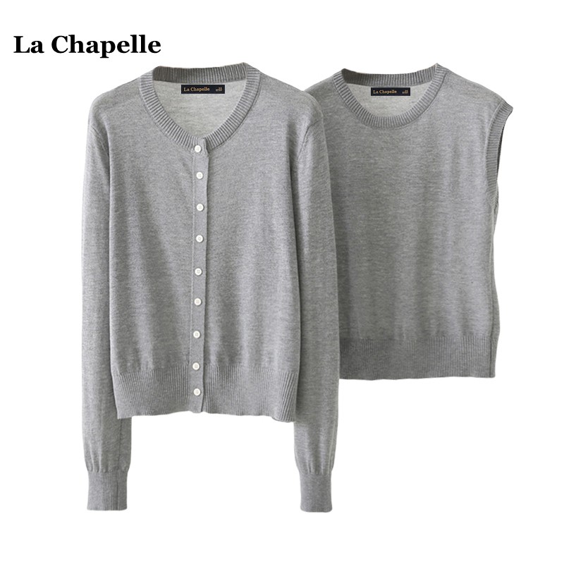 拉夏贝尔/La Chapelle秋季新款高级感纯色针织衫背心两件套上衣女