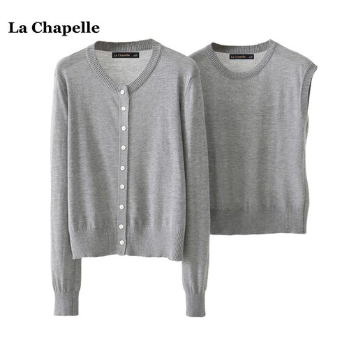 拉夏贝尔/La Chapelle秋季新款高级感纯色针织衫背心两件套上衣女