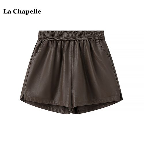 拉夏贝尔/La Chapelle高腰宽松阔腿裤女秋季a字显瘦外穿pu皮短裤