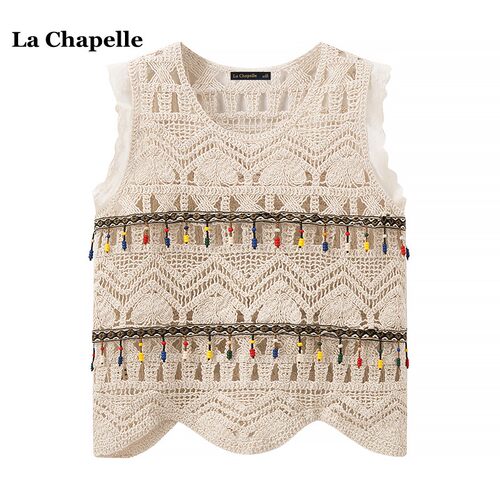 拉夏贝尔/La Chapelle夏季民族风蕾丝镂空钩花流苏无袖背心吊带女