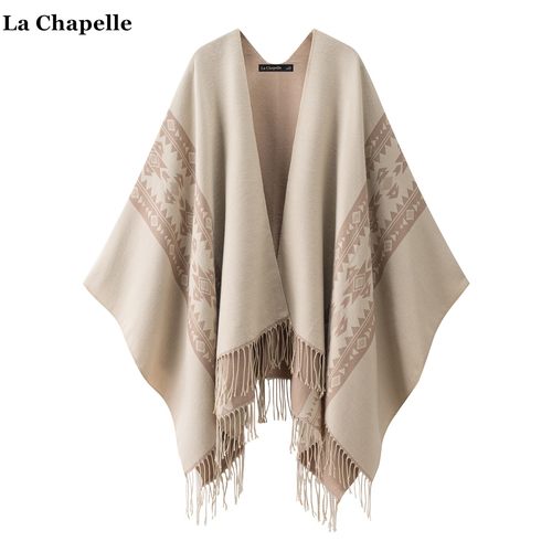 拉夏贝尔/La Chapelle民族风双面提花旅游斗篷披肩女流苏披风围巾