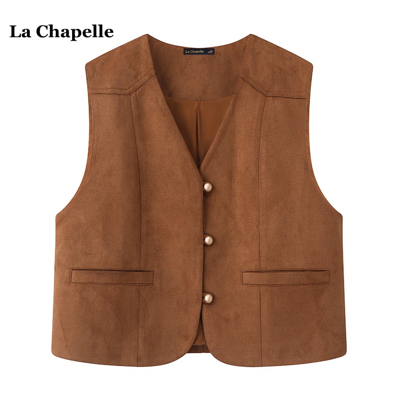 拉夏贝尔/La Chapelle复古叠穿麂皮绒马甲外套女v领百搭背心上衣