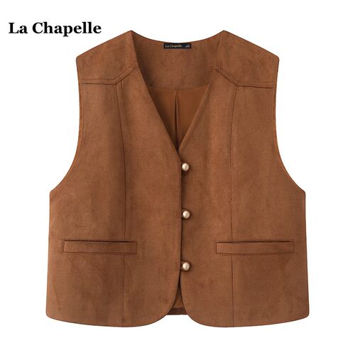 拉夏贝尔/La Chapelle复古叠穿麂皮绒马甲外套女v领百搭背心上衣