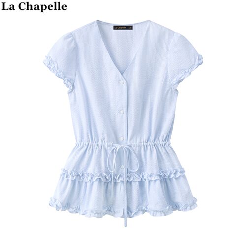 拉夏贝尔/La Chapelle小香风设计感蕾丝飞袖气质高级感短袖衬衫女