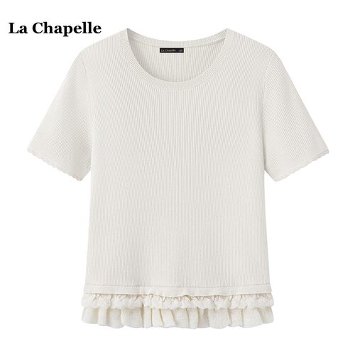 拉夏贝尔/La Chapelle韩系芭蕾风荷叶边短袖T恤女春夏针织衫上衣