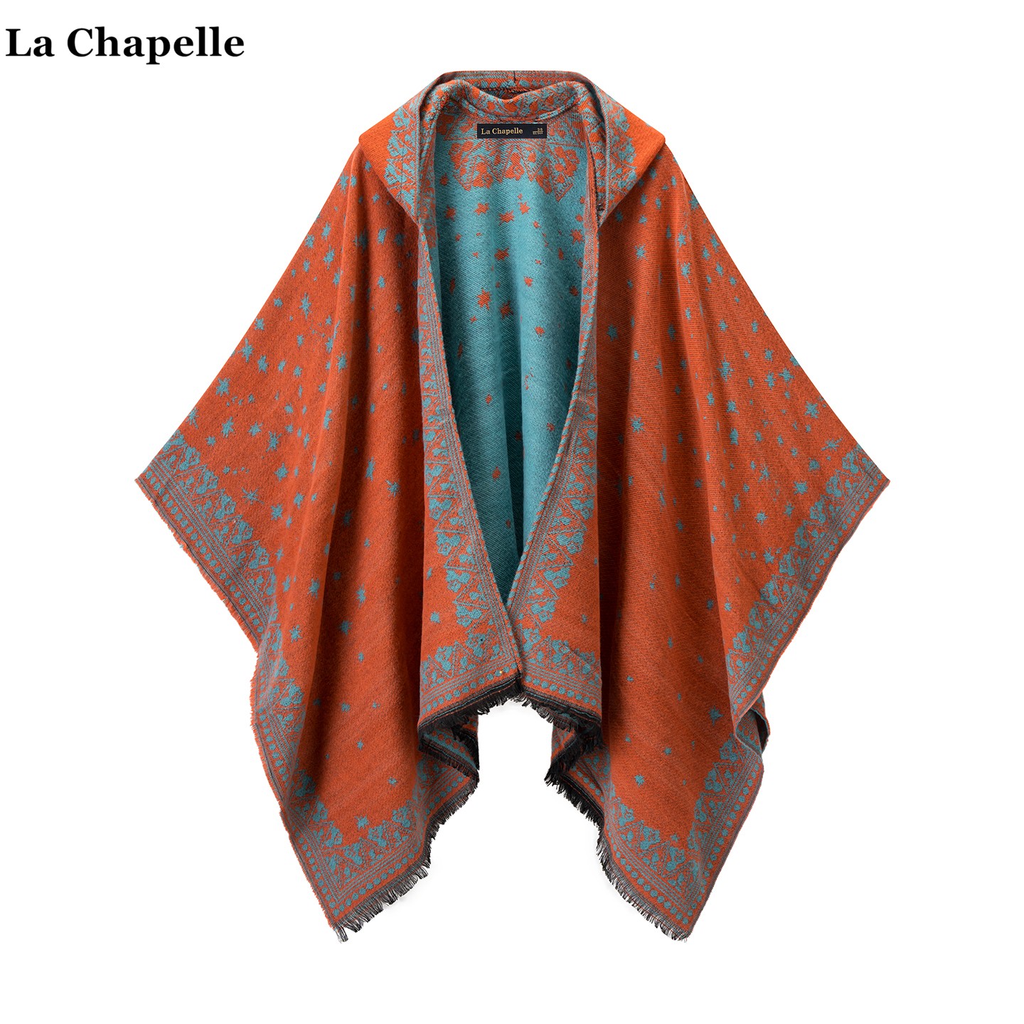 拉夏贝尔/La Chapelle民族风连帽针织开衫斗篷女复古提花披肩围巾