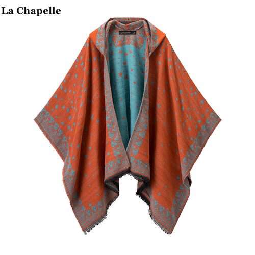 拉夏贝尔/La Chapelle民族风连帽针织开衫斗篷女复古提花披肩围巾
