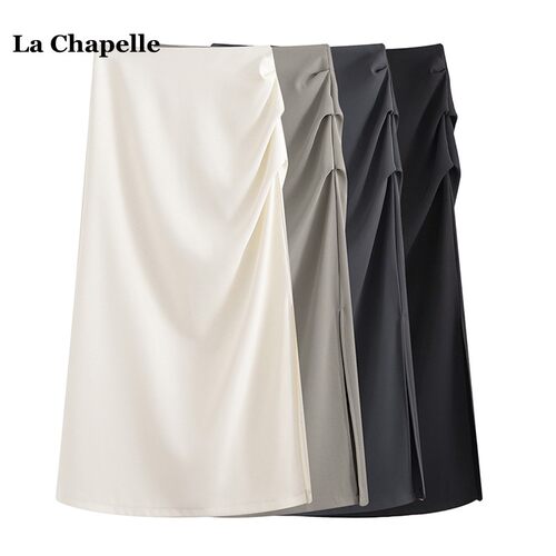 拉夏贝尔/La Chapelle春夏褶皱开叉包臀裙女百搭显瘦高腰半身裙