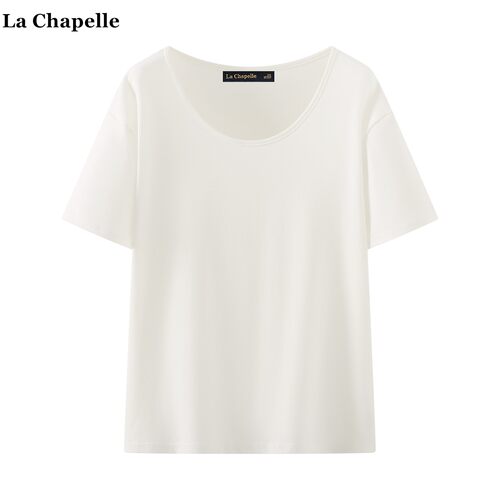 拉夏贝尔/La Chapelle夏季新款休闲宽松白色T恤女松弛宽松U领上衣