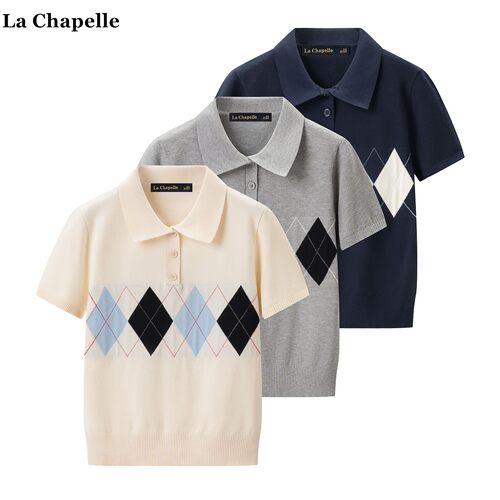 拉夏贝尔/La Chapelle学院风菱格短袖针织衫女春夏新款polo领上衣