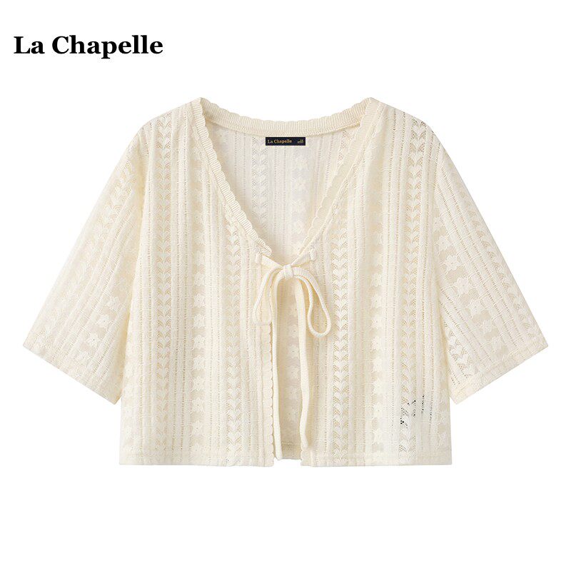 拉夏贝尔/La Chapelle温柔风蕾丝V领短袖衬衫女夏季镂空披肩开衫