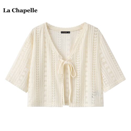 拉夏贝尔/La Chapelle温柔风蕾丝V领短袖衬衫女夏季镂空披肩开衫