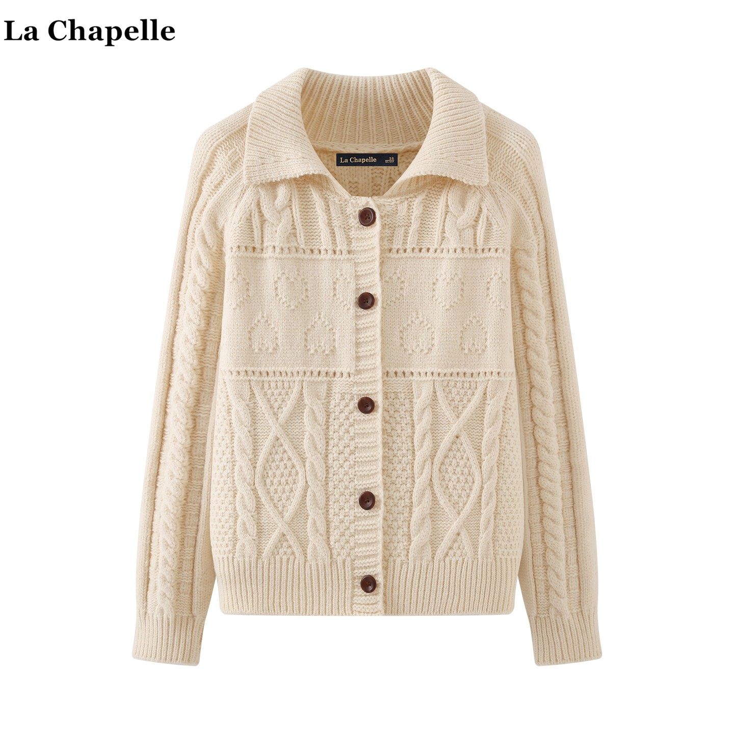 拉夏贝尔/La Chapelle麻花复古针织衫开衫女冬季新款翻领宽松毛衣