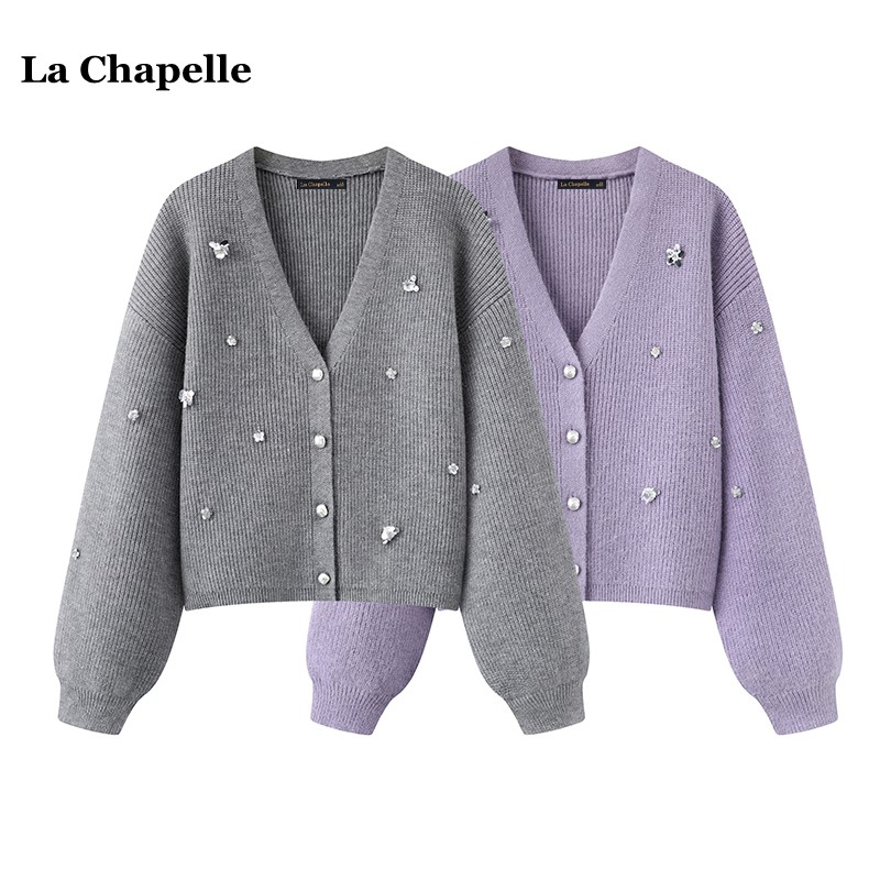 拉夏贝尔/La Chapelle法式钉珠针织开衫女春季新款千金风毛衣外套