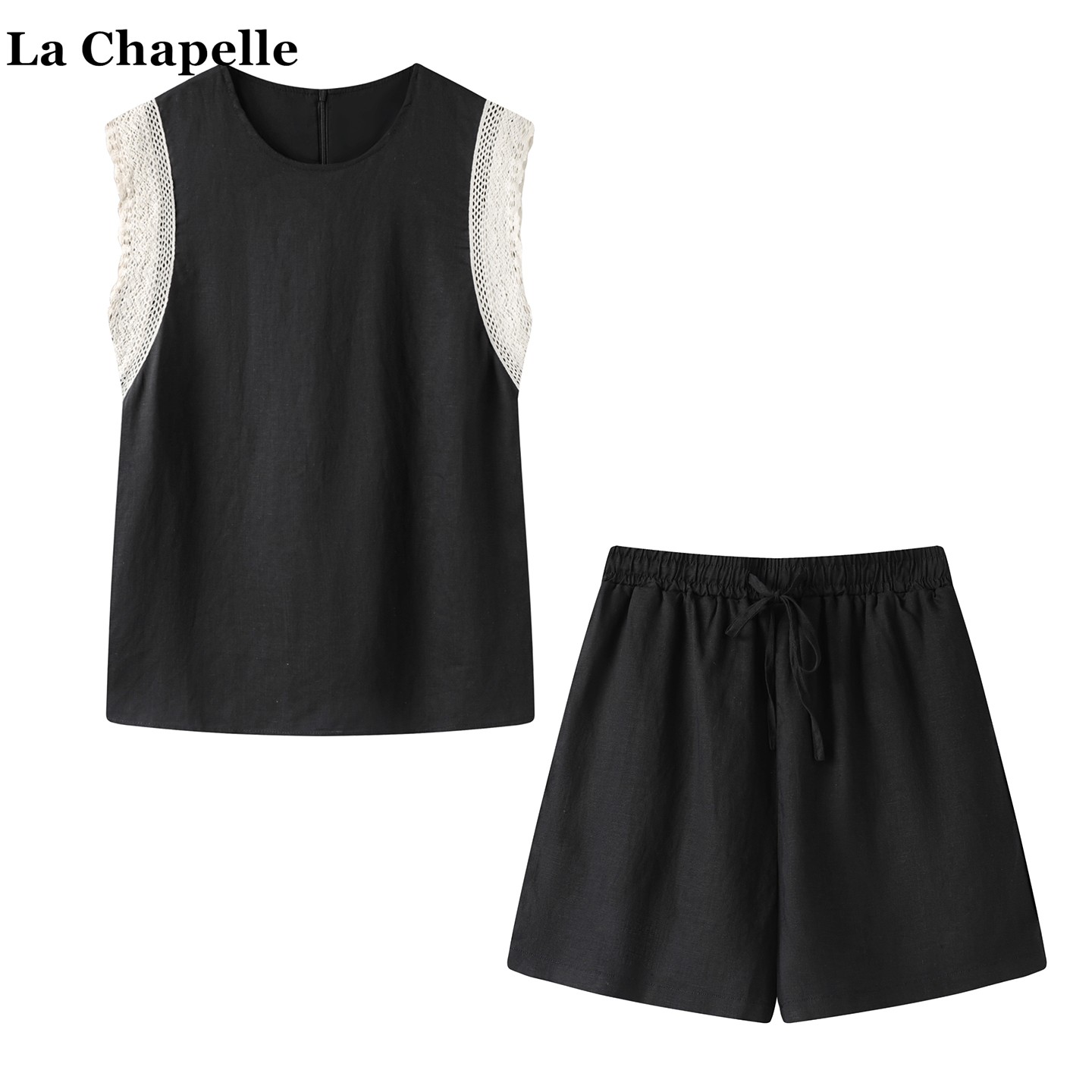 拉夏贝尔/La Chapelle夏季蕾丝花边拼接无袖背心高腰短裤俩件套女