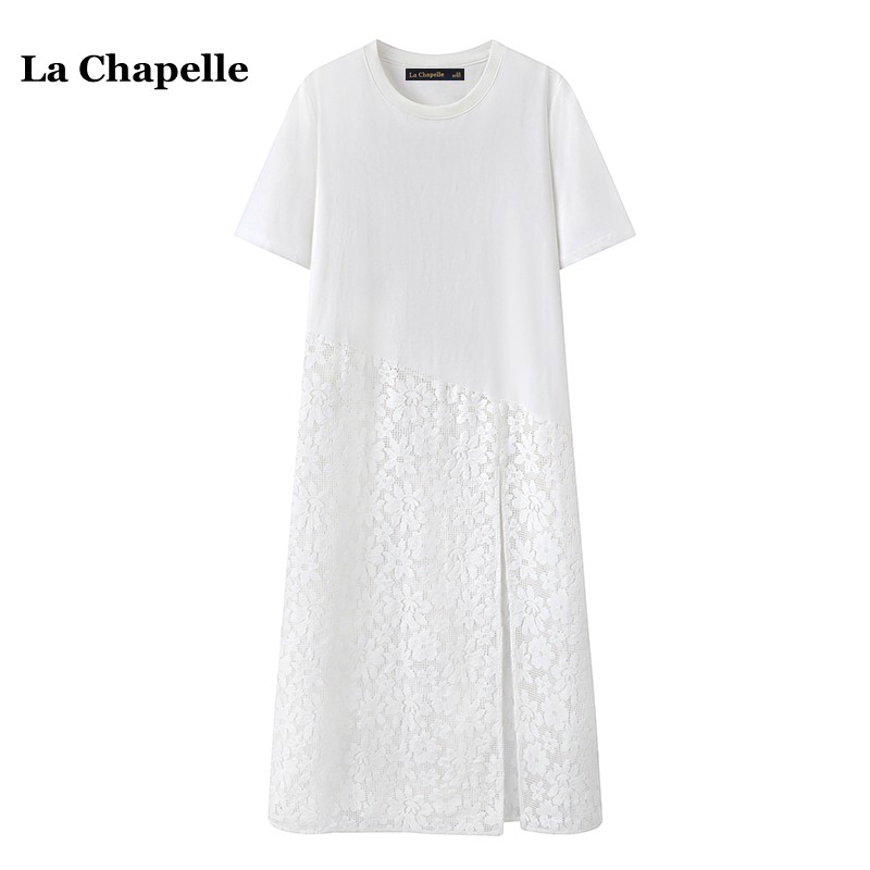 拉夏贝尔/La Chapelle镂空刺绣中长款T恤女夏季蕾丝拼接短袖上衣