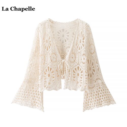 拉夏贝尔/La Chapelle波西米亚镂空针织开衫女夏季外搭喇叭袖上衣