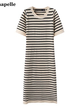 拉夏贝尔/La Chapelle夏季新款条纹针织连衣裙女法式宽松气质长裙