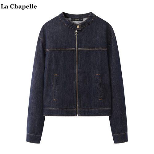 拉夏贝尔/La Chapelle高级感圆领牛仔外套女秋季新款拉链开衫夹克