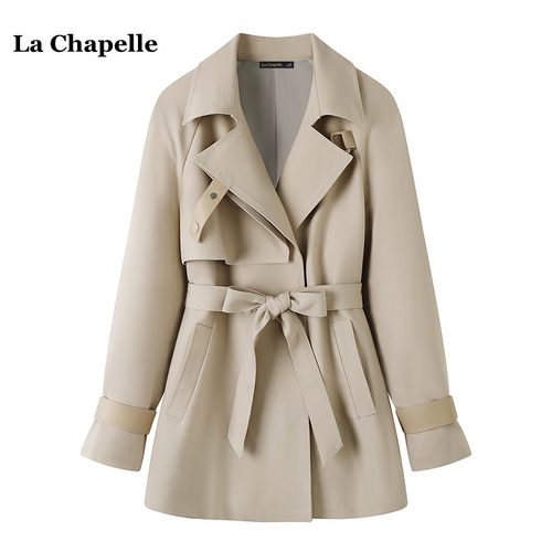 拉夏贝尔/La Chapelle韩系中长款卡其色风衣秋季双排扣外套上衣女