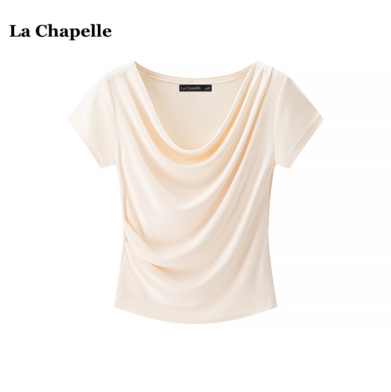 拉夏贝尔/La Chapelle荡领短袖T恤女夏季新款小个子休闲正肩上衣