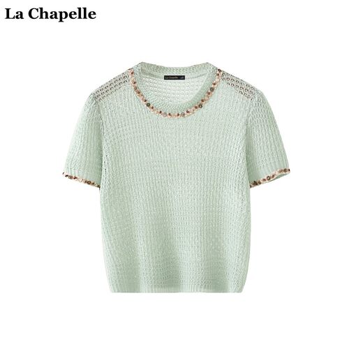 拉夏贝尔/La Chapelle小香风薄款短袖针织衫女春夏季钉珠宽松上衣